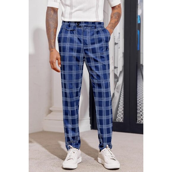 🆕 Men Blue Slim Fit Pants Flat Front Stretch Skinny Tapered Casual Trousers - Picture 2 of 6
